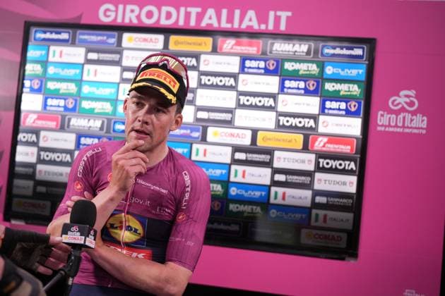 Konrad Patrick of Lidl-Trek and Pedersen Mads of Lidl-Trek, celebrates his victory after winning the stage 3 of the Giro d™Italia from Valona (Vlore) to Valona (Vlore) Albania - Sunday, May 11, 2025. - cycling.  Copyright: xMarcoxAlpozzi LaPressex