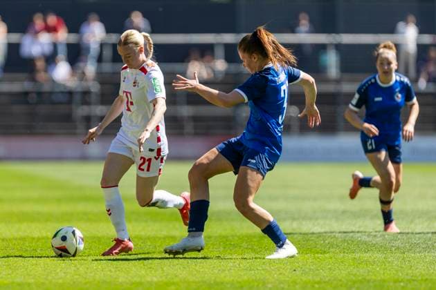 Google Pixel Frauen-Bundesliga: 1. FC Köln - 1. FFC Turbine Potsdam, 11.05.2025 Anna Gerhardt (1. FC Köln, 21), Emilie Bernhardt (1. FFC Turbine Potsdam, 31). Google Pixel Frauen-Bundesliga, 1. FC Köln - 1. FFC Turbine Potsdam, 22. Spieltag, am 11.05.2025, Franz-Kremer-Stadion, Köln DFB regulations prohibit any use of photographs as image sequences and or quasi-video Copyright: xBEAUTIFULxSPORTS Meuselx