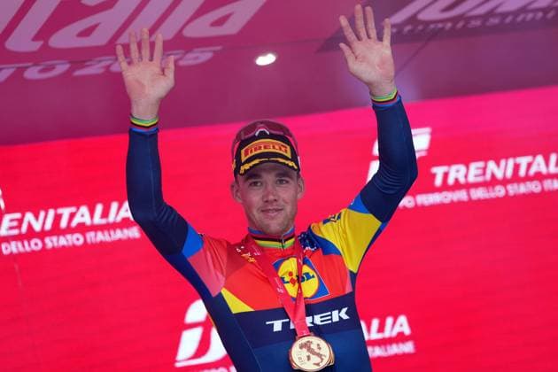 Pedersen Mads of Lidl-Trek , pink jersey, celebrates his victory on the podium after winning the stage 3 of the Giro d™Italia from Valona (Vlore) to Valona (Vlore) Albania - Sunday, May 11, 2025. - cycling.  Copyright: xGianxMattiaxD Alberto LaPressex