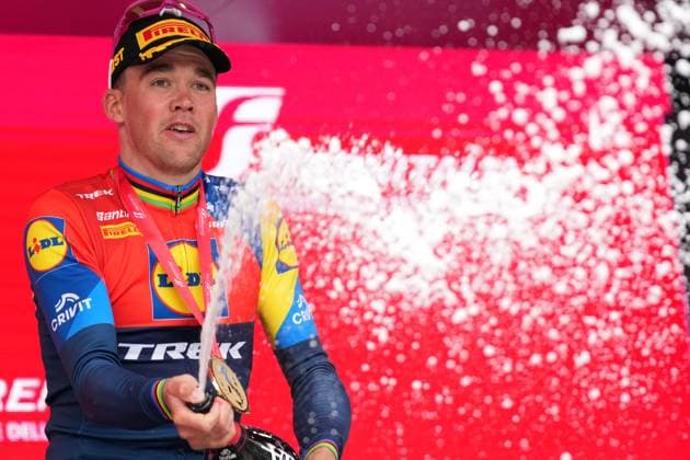 Pedersen Mads of Lidl-Trek , pink jersey, celebrates his victory on the podium after winning the stage 3 of the Giro d™Italia from Valona (Vlore) to Valona (Vlore) Albania - Sunday, May 11, 2025. - cycling.  Copyright: xGianxMattiaxD Alberto LaPressex
