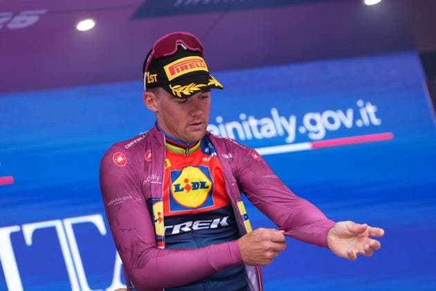 Pedersen Mads of Lidl-Trek cyclamen jersey celebrates his victory on the podium after winning the stage 3 of the Giro d™Italia from Valona (Vlore) to Valona (Vlore) Albania - Sunday, May 11, 2025. - cycling.  Copyright: xGianxMattiaxD Alberto LaPressex