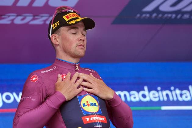 Pedersen Mads of Lidl-Trek cyclamen jersey celebrates his victory on the podium after winning the stage 3 of the Giro d™Italia from Valona (Vlore) to Valona (Vlore) Albania - Sunday, May 11, 2025. - cycling.  Copyright: xGianxMattiaxD Alberto LaPressex