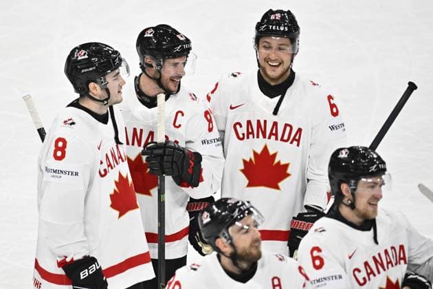 STOCKHOLM, SWEDEN 20250511 Canadian players celebrate after winning the victor during the IIHF Ice hockey, Eishockey World Championship, WM, Weltmeisterschaft group A match between Latvia and Canada at Avicii Arena in Stockholm, Sweden, on May 11, 2025. STOCKHOLM SWEDEN x10430x
