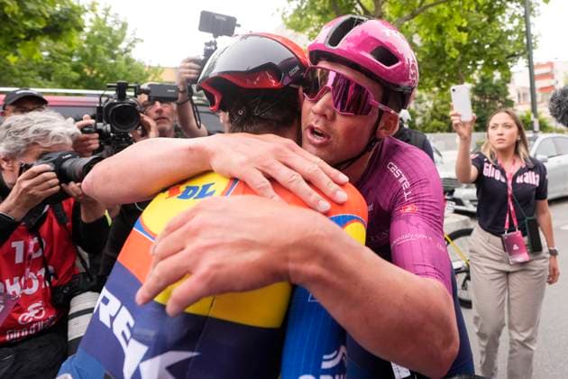 Pedersen Mads of Lidl-Trek with Ciccone after a stage 3 with Konrad Patrick of Lidl-Trek of the Giro dÕItalia from Valona (Vlore) to Valona (Vlore) , Albania - Sunday, May 11, 2025. - cycling.  Copyright: xFabioxFerrari LaPressex