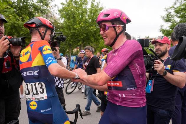 Pedersen Mads of Lidl-Trek celebrates the victory a stage 3 with Konrad Patrick of Lidl-Trek of the Giro dÕItalia from Valona (Vlore) to Valona (Vlore) , Albania - Sunday, May 11, 2025. - cycling.  Copyright: xFabioxFerrari LaPressex