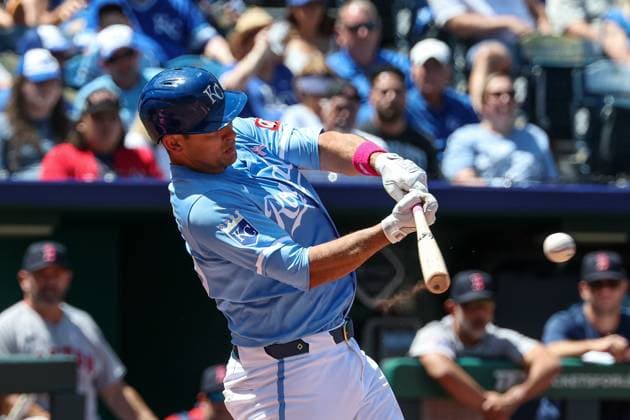 May 11, 2025: Kansas City Royals catcher Luke Maile (15) hits a single against the Boston Red Sox during the fifth inning at Kauffman Stadium in Kansas City, MO. CSM Kansas City United States of America - ZUMAc04_ 20250511_zma_c04_067 Copyright: xDavidxSmithx