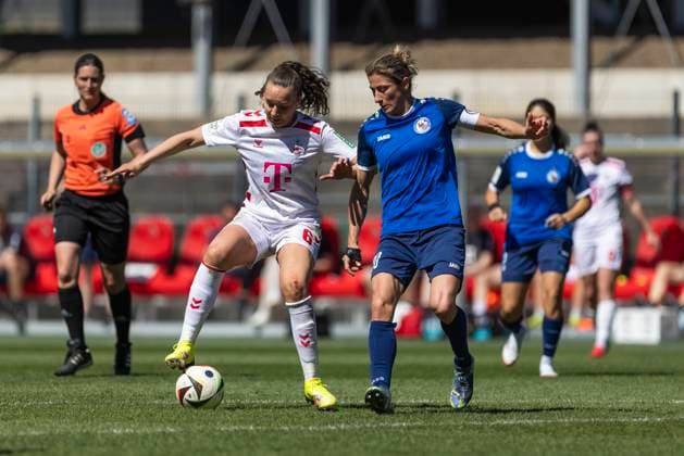 Google Pixel Frauen-Bundesliga: 1. FC Köln - 1. FFC Turbine Potsdam, 11.05.2025 Lotta Cordes (1. FC Köln, 6), Bianca Schmidt (1. FFC Turbine Potsdam, 20). Google Pixel Frauen-Bundesliga, 1. FC Köln - 1. FFC Turbine Potsdam, 22. Spieltag, am 11.05.2025, Franz-Kremer-Stadion, Köln DFB regulations prohibit any use of photographs as image sequences and or quasi-video Copyright: xBEAUTIFULxSPORTS Meuselx