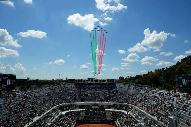 the passage of the tricolour arrows planes during the 4th round Peyton Stearns (USA) against Naomi Osaka (JPN) of the WTA, Tennis Damen Master 1000 Internazionali BNL d™Italia tournament at Foro Italico on May 12, 2025 (Alfredo Falcone LaPresse)  Copyright: xAlfredoxFalcone LaPressex