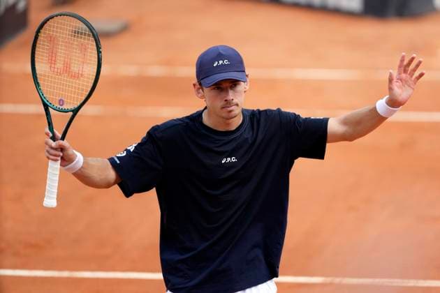 Alex de Minaur of Australia celebrates at the end of the match against Hugo Dellien of Bolivia at the Internazionali BNL d Italia 2025 tennis tournament at Foro Italico in Rome, Italy on May 12, 2025. Alex de Minaur won 6-4, 6-4 over Hugo Dellenof. AntoniettaxBaldassarre