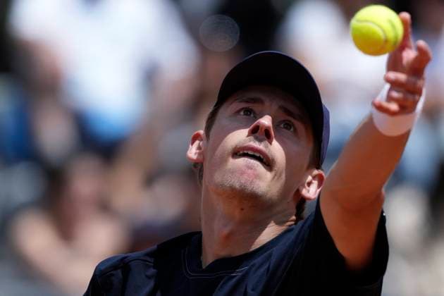 Alex de Minaur of Australia serves during the match against Hugo Dellien of Bolivia at the Internazionali BNL d Italia 2025 tennis tournament at Foro Italico in Rome, Italy on May 12, 2025. Alex de Minaur won 6-4, 6-4 over Hugo Dellenof. AntoniettaxBaldassarre