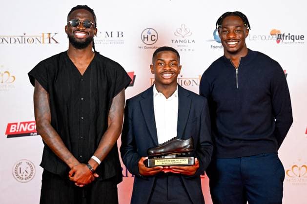 Sport Bilder des Tages African Awards Gala 2025 WOLUWE, BELGIUM - MAY 12 : Tolu Arokodare forward of KRC Genk, Sadiki Noah defender of Royale Union Saint-Gilloise and David Promise Oluwatobi forward of Royale Union Saint-Gilloise during the 34th edition of the Belgian African Award Ceremony 2025 given to the best player of African origin in the Belgian football championship on May 12, 2025 in Woluwe, Belgium, 12 05 2025  Copyright: xTomasxSiskx
