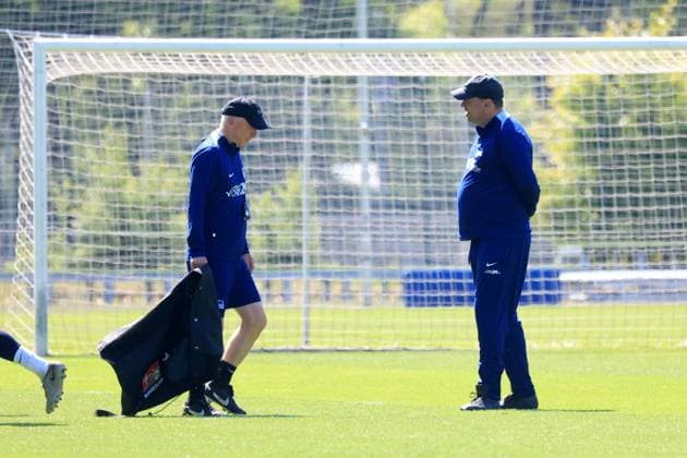 DEU, DFL, 2. FBL Hertha BSC, Training, 13.05.2025, Sportforum, Berlin, DEU, DFL, 2. FBL Hertha BSC, Training, im Bild Torwarttrainer Andreas Menger (Hertha BSC Berlin), Co-Trainer, Armin Reutershahn (Hertha BSC Berlin) DFL - regulations prohibit any use of Photographs as image sequences and or quasi-video