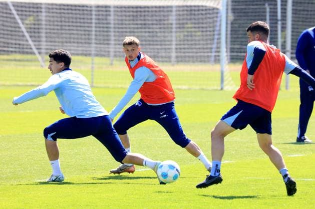DEU, DFL, 2. FBL Hertha BSC, Training, 13.05.2025, Sportforum, Berlin, DEU, DFL, 2. FBL Hertha BSC, Training, im Bild Ibrahim Maza (Hertha BSC Berlin 10), Michael Cuisance (Hertha BSC Berlin 27), Diego Demme (Hertha BSC Berlin 6) DFL - regulations prohibit any use of Photographs as image sequences and or quasi-video