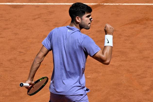 Carlos Alcaraz of Spain celebrates during the match against Karen Khachanov of Russia at the Internazionali BNL d Italia 2025 tennis tournament at Foro Italico in Rome, Italy on May 13, 2025. AndreaxStaccioli