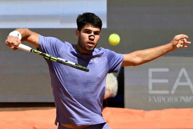 Carlos Alcaraz of Spain during the match against Karen Khachanov of Russia at the Internazionali BNL d Italia 2025 tennis tournament at Foro Italico in Rome, Italy on May 13, 2025. AndreaxStaccioli
