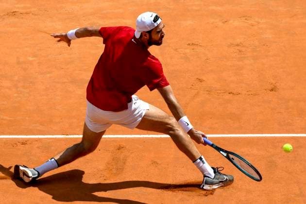 Karen Khachanov of Russia during the match against Carlos Alcaraz of Spain at the Internazionali BNL d Italia 2025 tennis tournament at Foro Italico in Rome, Italy on May 13, 2025. AndreaxStaccioli