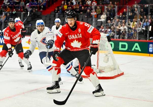 STOCKHOLM, SVERIGE 20250513 France s Vincent Llorca ( 6) och Canada s Nate MacKinnon ( 9) during the IIHF Ice hockey, Eishockey World Championship, WM, Weltmeisterschaft group A match between CAnada and France at Avicii Arena in Stockholm, Sweden, on May 13, 2025. STOCKHOLM SVERIGE x10040x