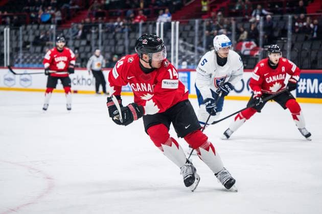 250513 Bo Horvat of Canada after scoring 1-0 during the 2025 IIHF Ice hockey, Eishockey World Championship, WM, Weltmeisterschaft group stage game between Canada and France on May 13, 2025 in Stockholm. Photo: Maxim Thore BILDBYRAN kod MT MT0814 ishockey ice hockey ishockey-vm 2025 vm 2025 iihf world championship kanada canada frankrike france bbeng Copyright: MAXIMxTHORE BB250513MT002