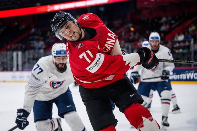 250513 Tyson Foerster of Canada during the 2025 IIHF Ice hockey, Eishockey World Championship, WM, Weltmeisterschaft group stage game between Canada and France on May 13, 2025 in Stockholm. Photo: Maxim Thore BILDBYRAN kod MT MT0814 ishockey ice hockey ishockey-vm 2025 vm 2025 iihf world championship kanada canada frankrike france bbeng bbauto Copyright: MAXIMxTHORE BB250513MT007