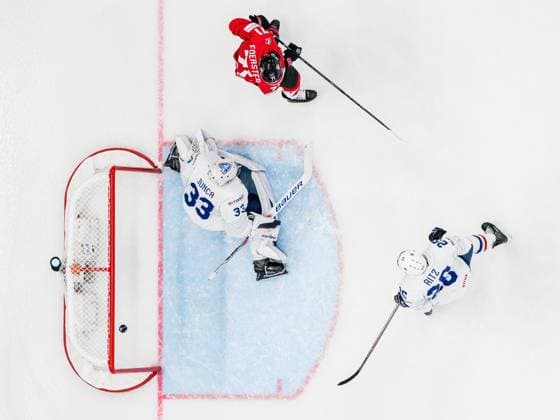 250513 Goaltender Julian Junca of France and Tyson Foerster of Canada during the 2025 IIHF Ice hockey, Eishockey World Championship, WM, Weltmeisterschaft group stage game between Canada and France on May 13, 2025 in Stockholm. Photo: Maxim Thore BILDBYRAN kod MT MT0814 ishockey ice hockey ishockey-vm 2025 vm 2025 iihf world championship kanada canada frankrike france bbeng Copyright: MAXIMxTHORE BB250513MT008