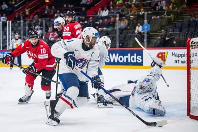 250513 Goaltender Julian Junca of France during the 2025 IIHF Ice hockey, Eishockey World Championship, WM, Weltmeisterschaft group stage game between Canada and France on May 13, 2025 in Stockholm. Photo: Maxim Thore BILDBYRAN kod MT MT0814 ishockey ice hockey ishockey-vm 2025 vm 2025 iihf world championship kanada canada frankrike france bbeng Copyright: MAXIMxTHORE BB250513MT009
