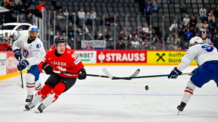STOCKHOLM, SWEDEN 20250513 Canada s Macklin Celebrini ( 96) during the IIHF Ice hockey, Eishockey World Championship, WM, Weltmeisterschaft group A match between Canada and France at Avicii Arena in Stockholm, Sweden, on May 13, 2025. STOCKHOLM SWEDEN x10040x