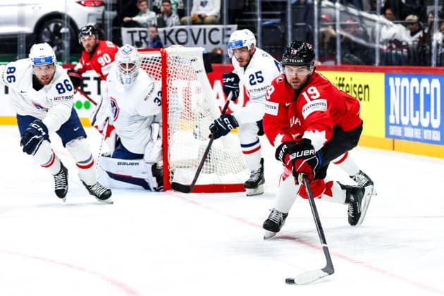 Ice hockey, Eishockey - IIHF WC 2025 STOCKHOLM,SWEDEN,13.MAY.25 - ICE HOCKEY - IIHF Ice Hockey World Championship, WM, Weltmeisterschaft 2025, group stage, Canada vs France. Image shows Yohan Coulaud (FRA), Julian Junca (FRA), Nicolas Ritz (FRA) and Adam Fantilli (CAN).  GEPAxpictures xMaticxKlansek