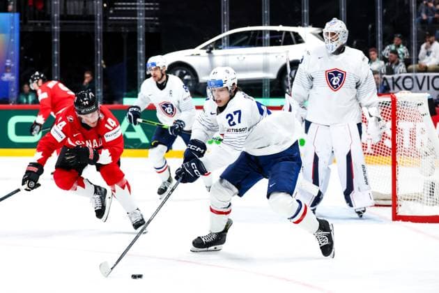 Ice hockey, Eishockey - IIHF WC 2025 STOCKHOLM,SWEDEN,13.MAY.25 - ICE HOCKEY - IIHF Ice Hockey World Championship, WM, Weltmeisterschaft 2025, group stage, Canada vs France. Image shows Bo Horvat (CAN), Jules Boscq (FRA) and Julian Junca (FRA).  GEPAxpictures xMaticxKlansek