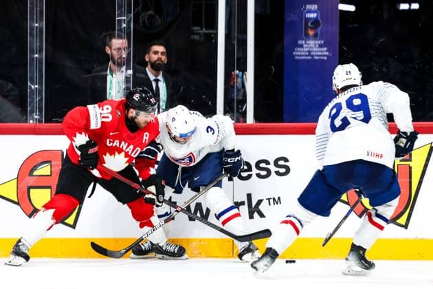 Ice hockey, Eishockey - IIHF WC 2025 STOCKHOLM,SWEDEN,13.MAY.25 - ICE HOCKEY - IIHF Ice Hockey World Championship, WM, Weltmeisterschaft 2025, group stage, Canada vs France. Image shows Ryan O Reilly (CAN) and Charles Bertrand (FRA).  GEPAxpictures xMaticxKlansek