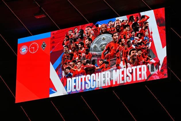 Muenchen, Allianz Arena, 10.05.25, GER, Herren, 1.Bundesliga, Saison 2024-2025, FC Bayern Muenchen - Borussia Moenchengladbach Bild: Anzeigetafel mit Aufschrift Deutscher Meister DFL regulations prohibit any use of photographs as image sequences and or quasi-video. Bayern Deutschland