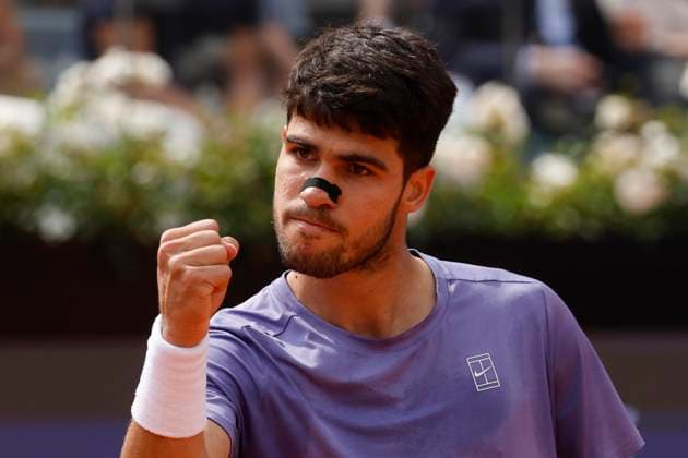 May 14, 2025, Rome, ITALY: Spain s Carlos Alcaraz reacts during his men™s quarter final match against Jack Draper of the UK at the Italian Open tennis tournament in Rome, Italy, 14 May 2025. ANSA FABIO FRUSTACI Italian Open Tennis Tournament  - ZUMAa110 20250514_zaf_a110_026 Copyright: xFabioxFrustacix