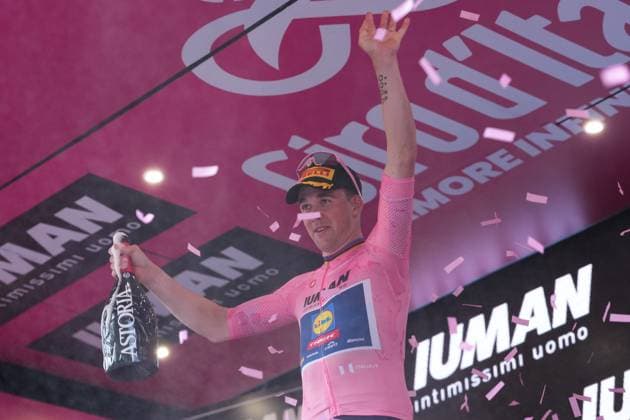 Pedersen Mads of Lidl-Trek pink jersey celebrates as he cycles to the finish line to win during the stage 5 of the Giro d™Italia from Ceglie Messapica to Matera, Italy - Wednesday, May 14, 2025. - cycling.  Copyright: xGianmattiaxD Alberto xLaPressex