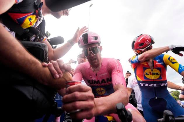 Pedersen Mads of Lidl-Trek celebrates the stage victory with Ciccone Giulio of Lidl-Trek after the stage 5 of the Giro d™Italia from Ceglie Messapica to Matera, Italy - Wednesday, May 14, 2025. - cycling.  Copyright: xFabioxFerrari LaPressex