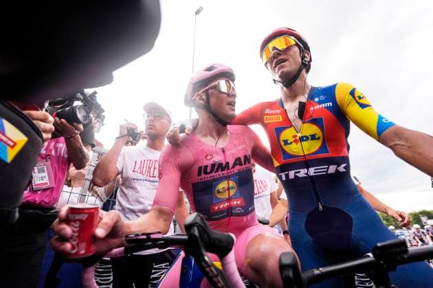 Pedersen Mads of Lidl-Trek celebrates the stage victory with Ciccone Giulio of Lidl-Trek after the stage 5 of the Giro d™Italia from Ceglie Messapica to Matera, Italy - Wednesday, May 14, 2025. - cycling.  Copyright: xFabioxFerrari LaPressex
