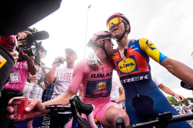 Pedersen Mads of Lidl-Trek celebrates the stage victory with Ciccone Giulio of Lidl-Trek after the stage 5 of the Giro d™Italia from Ceglie Messapica to Matera, Italy - Wednesday, May 14, 2025. - cycling.  Copyright: xFabioxFerrari LaPressex