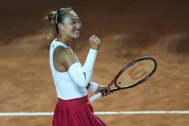 Qinwen Zheng of China celebrates during the match against Aryna Sabalenka of Bielorussia at the Internazionali BNL d Italia 2025 tennis tournament at Foro Italico in Rome, Italy on may 14, 2025. AntoniettaxBaldassarre