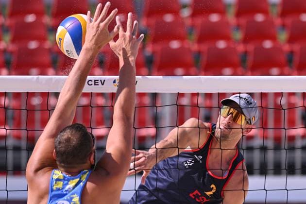 May 14, 2025, Madrid, Madrid, Spain: JAVIER HUERTA PASTOR competes during the CEV Beach Volley Nations Cup match between SPAIN and UKRAINE at Parque Deportivo Puerta de Hierro on may 14, 2025 in Madrid, Spain. Madrid Spain - ZUMAc312 20250514_zsp_c312_010 Copyright: xOscarxManuelxSanchezx