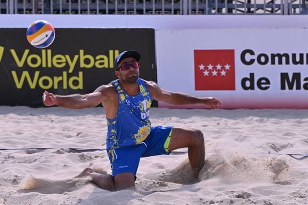 May 14, 2025, Madrid, Madrid, Spain: SERGIY POPOV competes during the CEV Beach Volley Nations Cup match between SPAIN and UKRAINE at Parque Deportivo Puerta de Hierro on may 14, 2025 in Madrid, Spain. Madrid Spain - ZUMAc312 20250514_zsp_c312_021 Copyright: xOscarxManuelxSanchezx