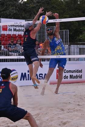 May 14, 2025, Madrid, Madrid, Spain: JAVIER HUERTA PASTOR and EDUARD REZNIK competes during the CEV Beach Volley Nations Cup match between SPAIN and UKRAINE at Parque Deportivo Puerta de Hierro on may 14, 2025 in Madrid, Spain. Madrid Spain - ZUMAc312 20250514_zsp_c312_028 Copyright: xOscarxManuelxSanchezx