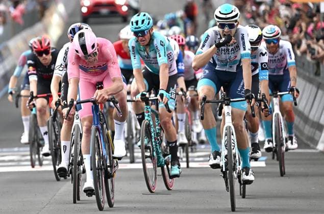 May 14, 2025, Matera, ITALY: Danish rider Mads Pedersen (C) of Lidl - Trek team after cross the finish line and win the 5th stage of the Giro d Italia cycling tour over 151 km from Ceglie Messapica to Matera, in Ceglie Messapica, Italy, 14 May 2025. ANSA LUCA ZENNARO. Cycling 2025: Giro d Italia: Stage 5  - ZUMAa110 20250514_zaf_a110_031 Copyright: xLucaxZennarox