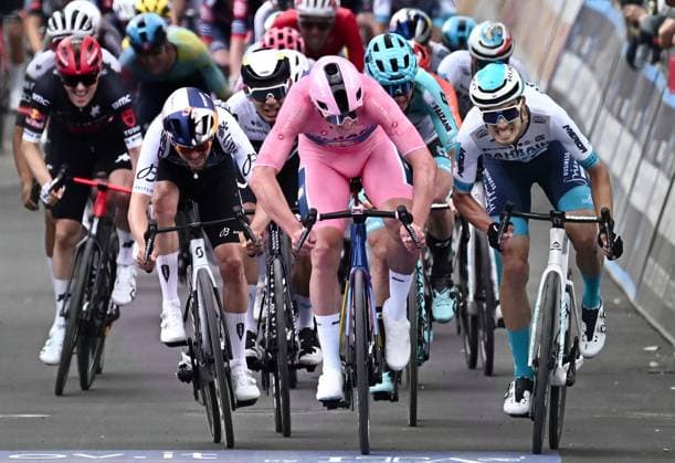 May 14, 2025, Matera, ITALY: Danish rider Mads Pedersen (C) of Lidl - Trek team in action to cross the finish line and win the 5th stage of the Giro d Italia cycling tour over 151 km from Ceglie Messapica to Matera, in Ceglie Messapica, Italy, 14 May 2025. ANSA LUCA ZENNARO. Cycling 2025: Giro d Italia: Stage 5  - ZUMAa110 20250514_zaf_a110_033 Copyright: xLucaxZennarox