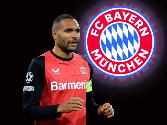 ! ACHTUNG FOTOMONTAGE ! Hier im Bild Jonathan Tah (Bayer 04 Leverkusen) der aktuell mit einem möglichen Wechsel zum FC Bayern München in Verbindung gebracht wird, Gerücht, Meldungen im Hintergrund das Logo des FC Bayern München leicht verwischt !