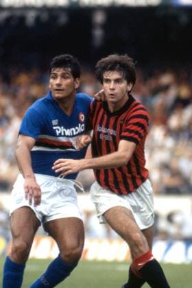 FILIPPO GALLI, Milan, GIUSEPPE LORENZO, Sampdoria, Serie A, 1985-86 Sampdoria vs Milan 1-1, 06-10-1985, Action, Contrasto SERIE A 1985-86 SAMPDORIA-MILAN 1-1