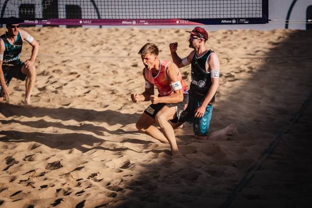 Beachvolleyball Männer Allianz German Beach Tour 2025 Tourstop Düsseldorf 15.05.2025 Luis Kubo jubelt Düsseldorf Robert-Lehr-Ufer Nordrhein-Westfalen Deutschland