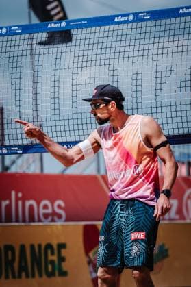 Beachvolleyball Männer Allianz German Beach Tour 2025 Tourstop Düsseldorf 15.05.2025 Jonathan Erdmann jubel Düsseldorf Robert-Lehr-Ufer Nordrhein-Westfalen Deutschland