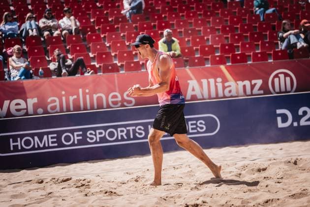 Beachvolleyball Männer Allianz German Beach Tour 2025 Tourstop Düsseldorf 15.05.2025 Tristan Fröbel jubelt Düsseldorf Robert-Lehr-Ufer Nordrhein-Westfalen Deutschland