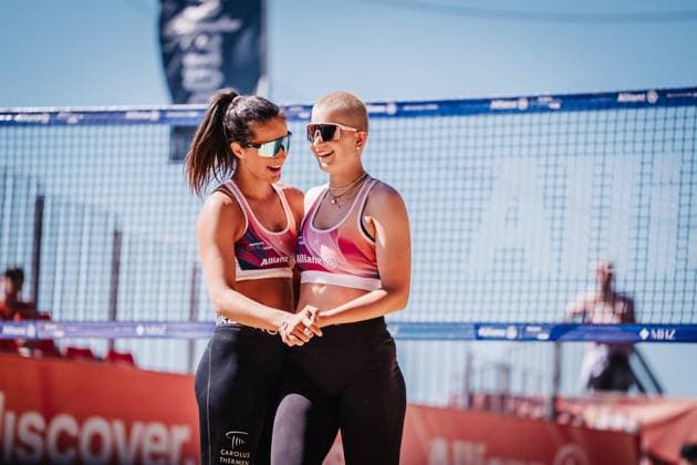 Beachvolleyball Frauen Allianz German Beach Tour 2025 Tourstop Düsseldorf 15.05.2025 v.l. Sophia Neuß und Mareet Maidhof Düsseldorf Robert-Lehr-Ufer Nordrhein-Westfalen Deutschland