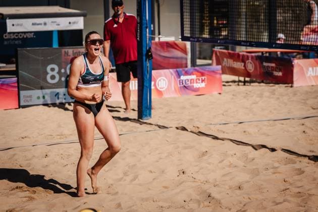 Beachvolleyball Frauen Allianz German Beach Tour 2025 Tourstop Düsseldorf 15.05.2025 Anna-Chiara Reformat jubelt Düsseldorf Robert-Lehr-Ufer Nordrhein-Westfalen Deutschland