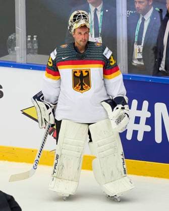 Mathias Niederberger Nr. 35 goalie of Germany in the preliminary round match SWITZERLAND - GERMANY 5-1 of the IIHF Ice hockey, Eishockey World Championship, WM, Weltmeisterschaft Group B in Jyske Bank Arena in Herning, Denmark, May 15, 2025. Season 2024 2025