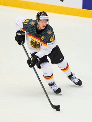 Jonas Mueller, Müller Nr. 41 of Germany in the preliminary round match SWITZERLAND - GERMANY 5-1 of the IIHF Ice hockey, Eishockey World Championship, WM, Weltmeisterschaft Group B in Jyske Bank Arena in Herning, Denmark, May 15, 2025. Season 2024 2025